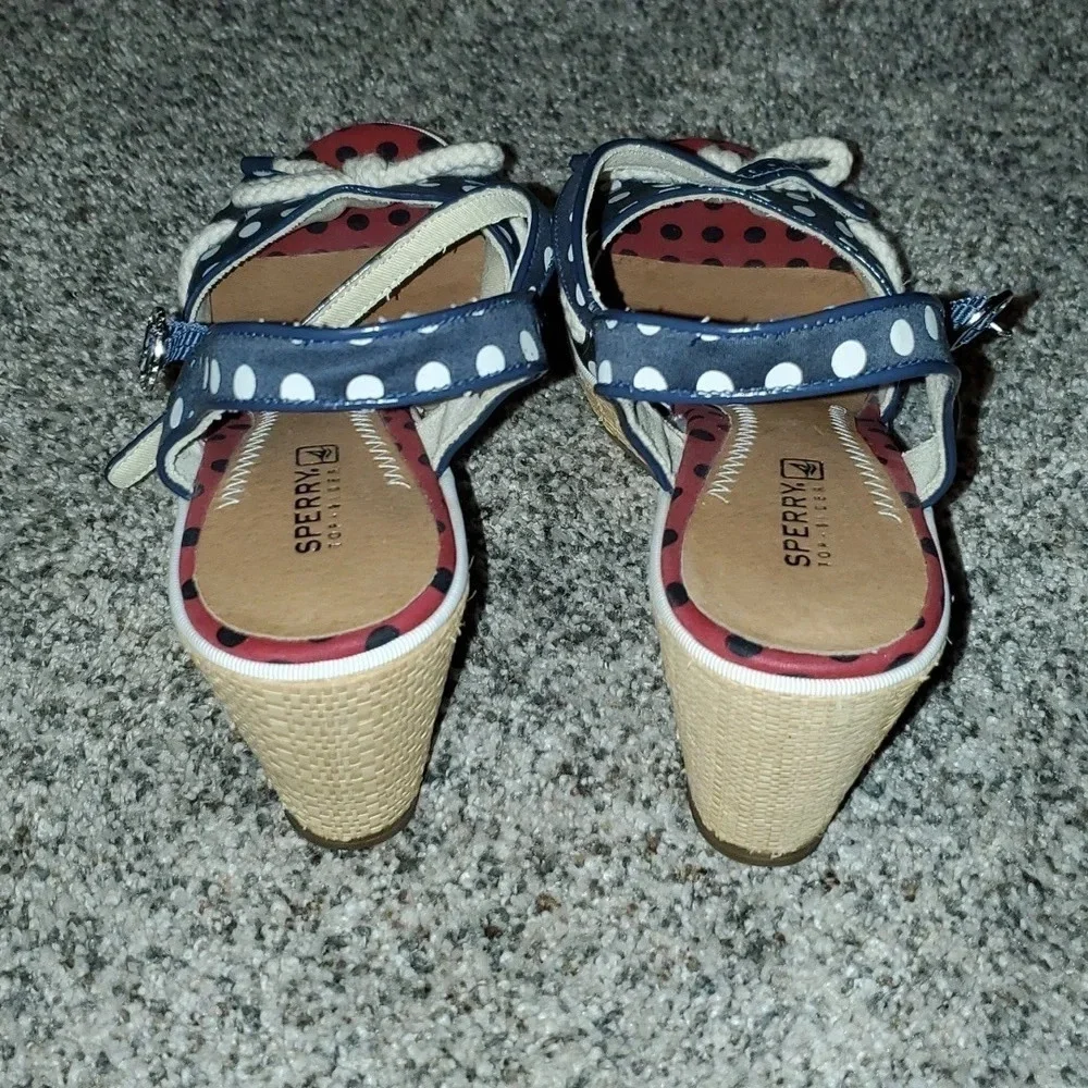 Sperry Polka-dot Sandals feature a blue & white polka dot design with rope bow